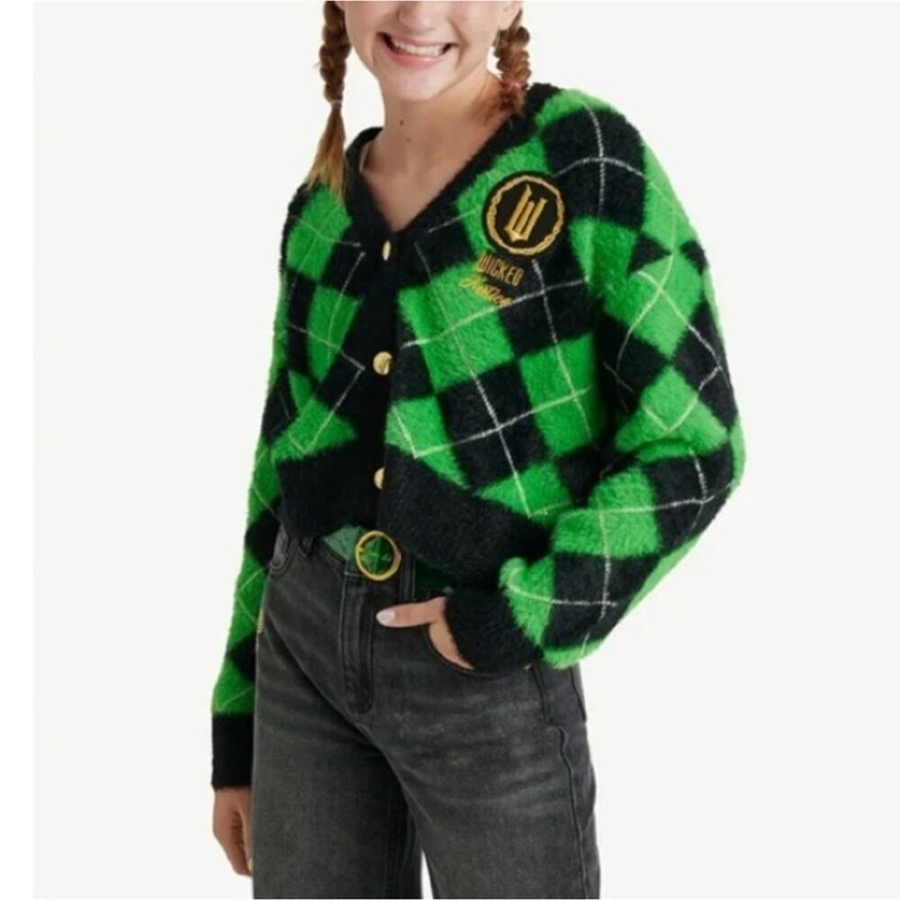 Justice Wicked Green Black Gold Argyle Cardigan Sweater Girls size Large 12/14